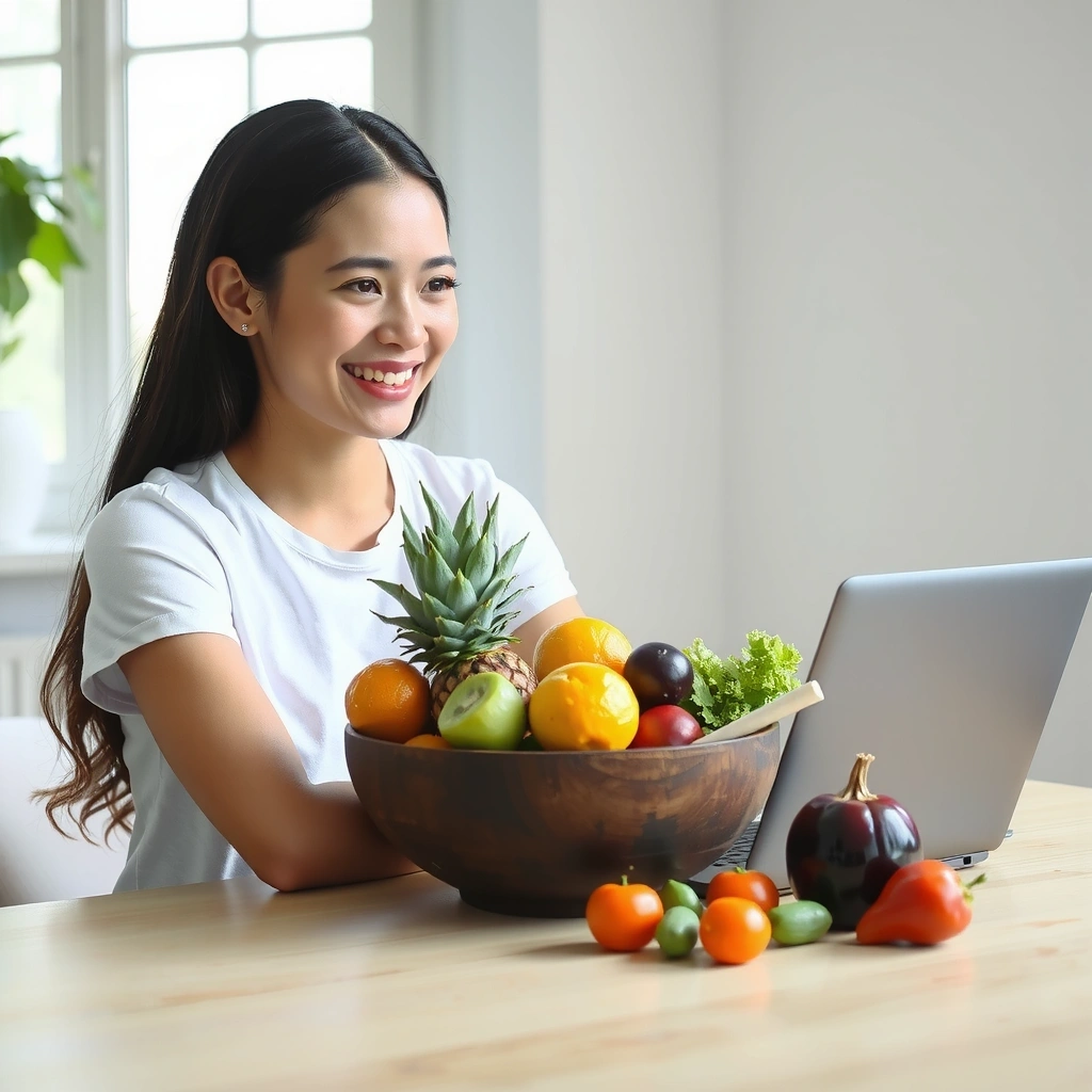 Fraum arbeitet im Home Office mit gesunden Lebensmitteln